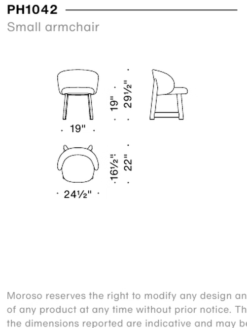 Pheaby Dining Chair by Moroso, size drawing: Small armchair