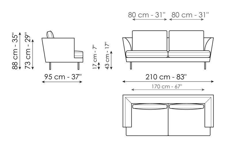 Lars Sofa by Bonaldo, size drawing: Sofa 210