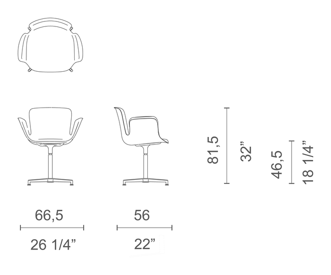 Juli Soft Chair by Cappellini, size drawing: JUS4 / JUS4M