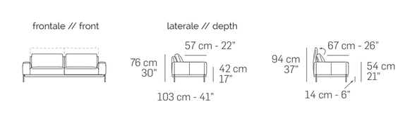 Strauss Sofa by Nicoline, size drawing: Front and side views