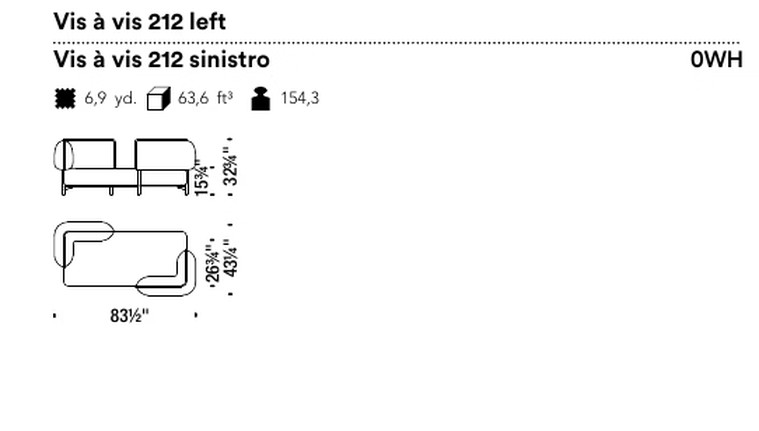 Tender Sofa by Moroso, size drawing: Vis à vis 212 left