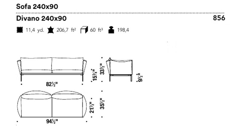 Gentry Extra Light Sofa by Moroso, size drawing: Sofa 240x90