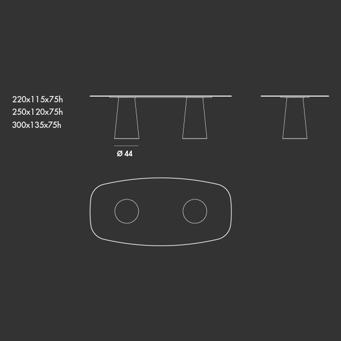 Totem Two Bases Dining Table by Sovet, size drawing