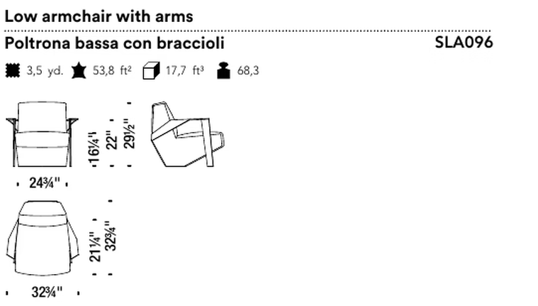 Silver Lake Armchair by Moroso, size drawing: Low armchair with arms