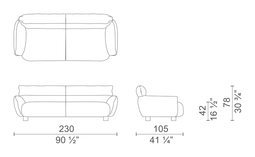 Lud'o Sofa by Cappellini, size drawing: LUS2