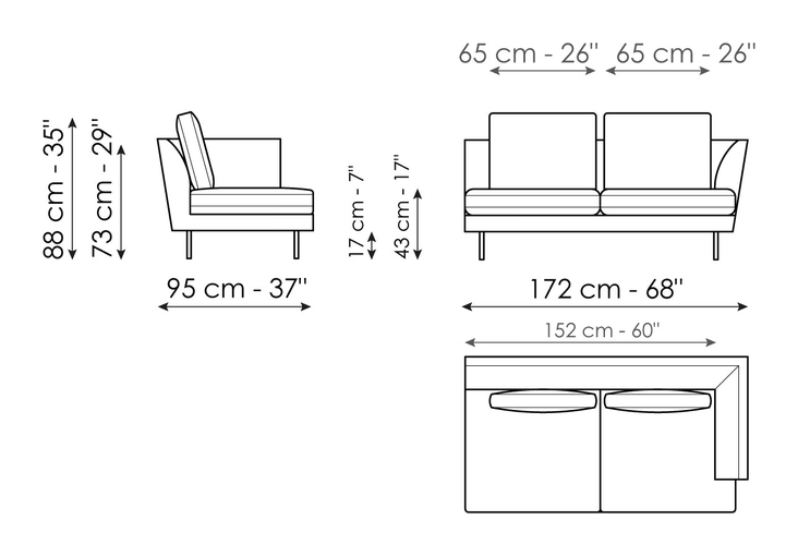 Lars Sofa by Bonaldo, size drawing: End section sofa 172