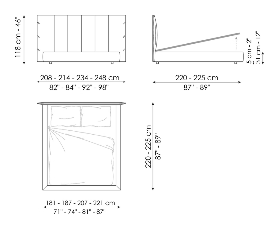 Cuff Double Bed by Bonaldo, size drawing: Cuff hi open