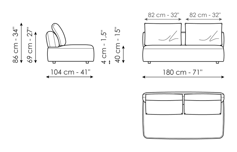 Aldebaran Sofa by Bonaldo, size drawing: Center section 180