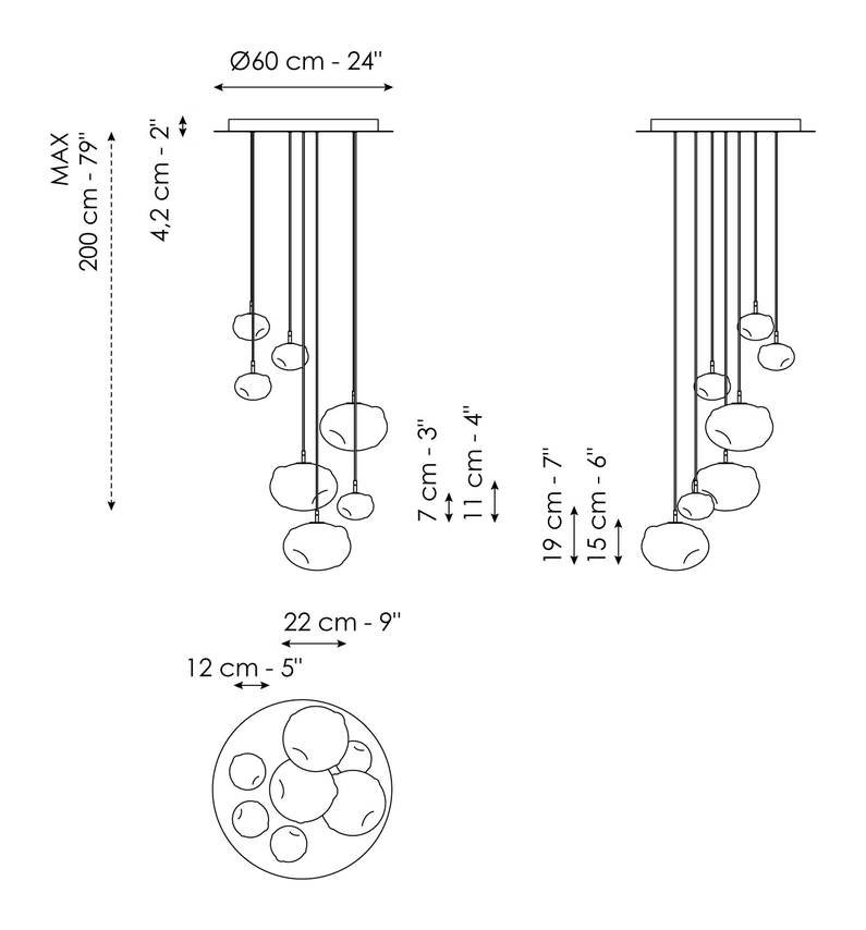 Pepita Pendant by Bonaldo, size drawing: Pepita - 7 lights