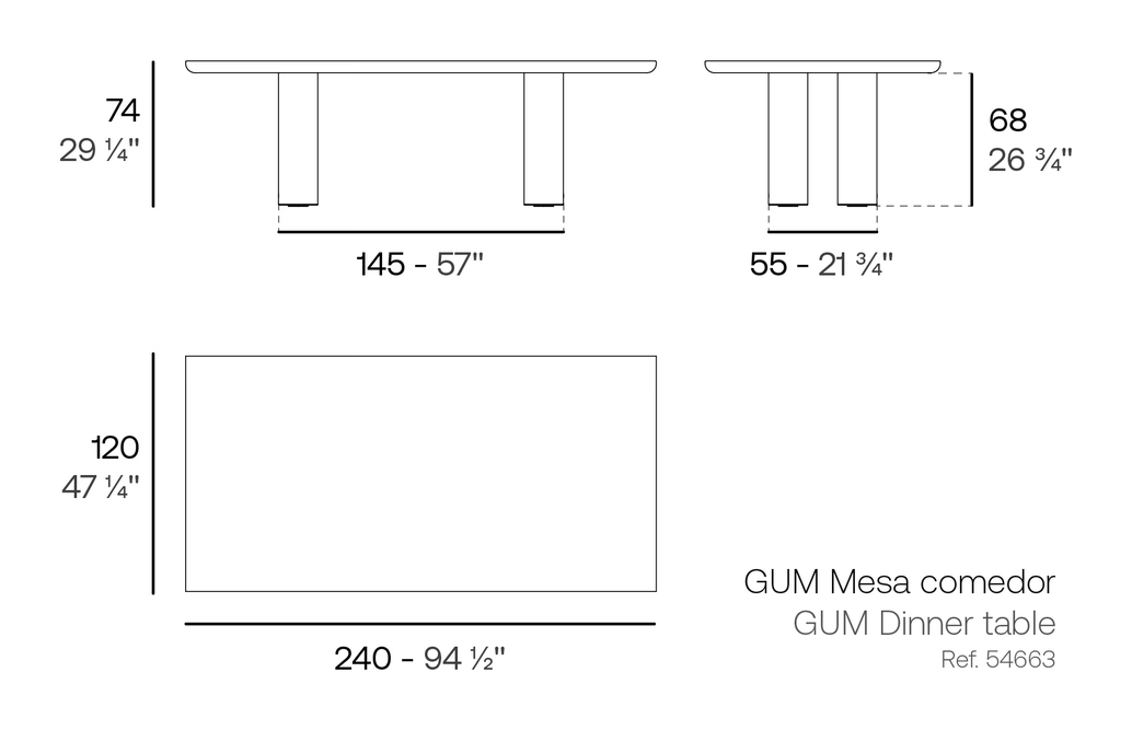 Gum/Mel Dining Table by Vondom, size drawing