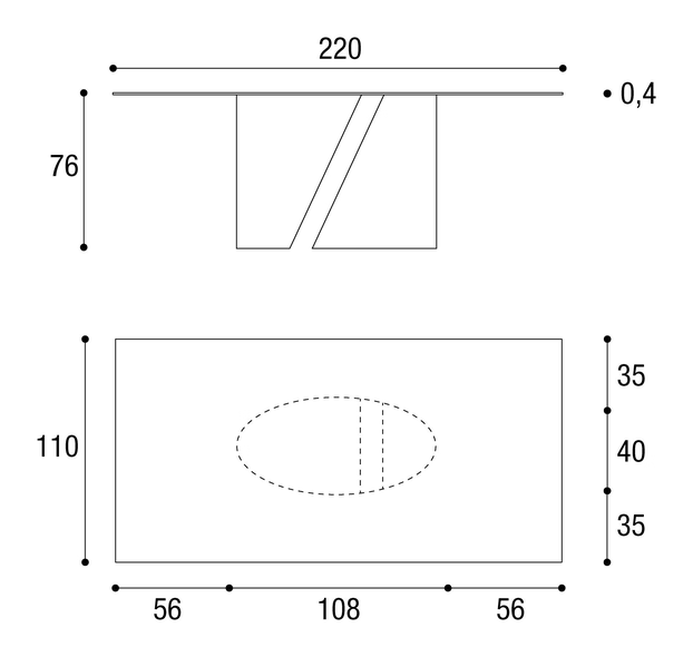 Wadi Dining Table by Lago, size drawing: 2515W