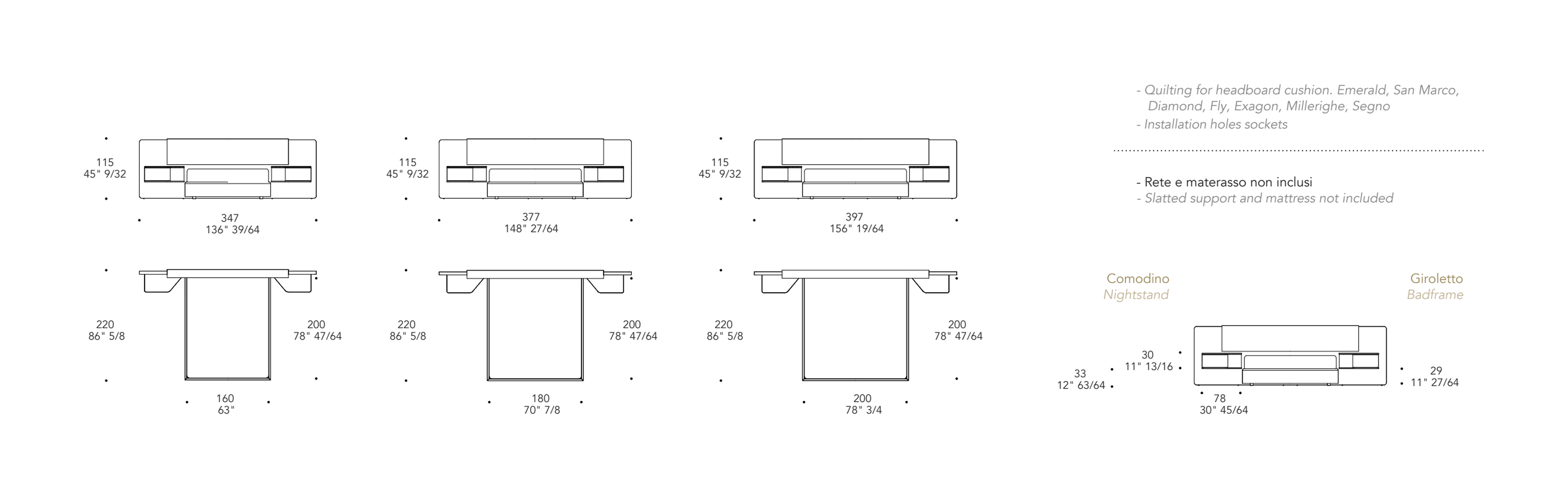 Wave Letto XL Bed by Reflex, size drawing