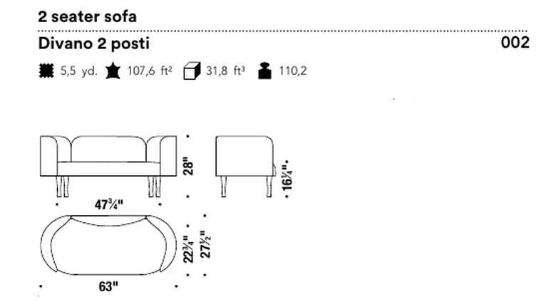 Josephine Sofa by Moroso, size drawing: 2 seater sofa
