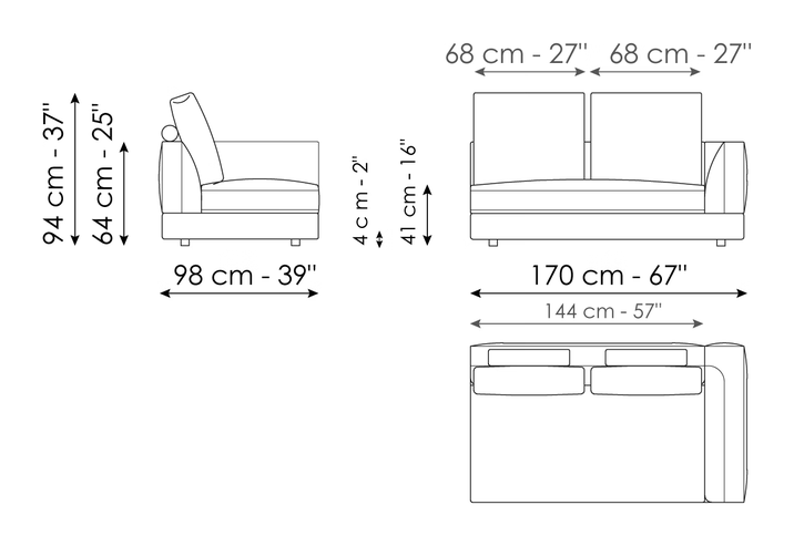 Liam Sofa by Bonaldo, size drawing: End section sofa 170