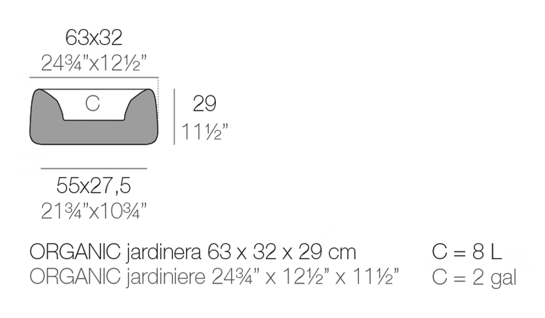 Organic Jardinera Planter by Vondom, size drawing
