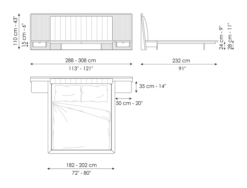 Nelson Double Bed by Bonaldo, size drawing: Nelson L