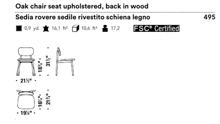 Klara Dining Chair by Moroso, size drawing: Oak chair seat upholstered, back in wood