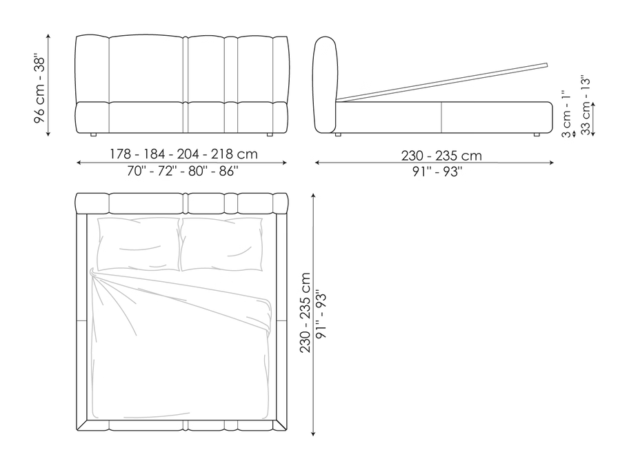 Rigoletto Double Bed by Bonaldo, size drawing: Rigoletto open