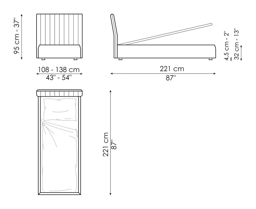 Tonight Single Bed by Bonaldo, size drawing: Tonight charme open