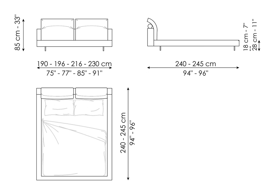 Owen Double Bed by Bonaldo, size drawing: Owen