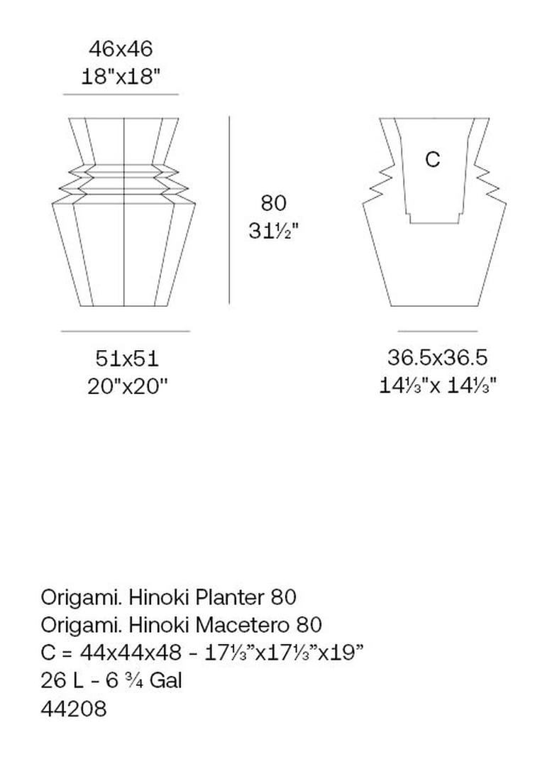 Hinoki Planter by Vondom, size drawing
