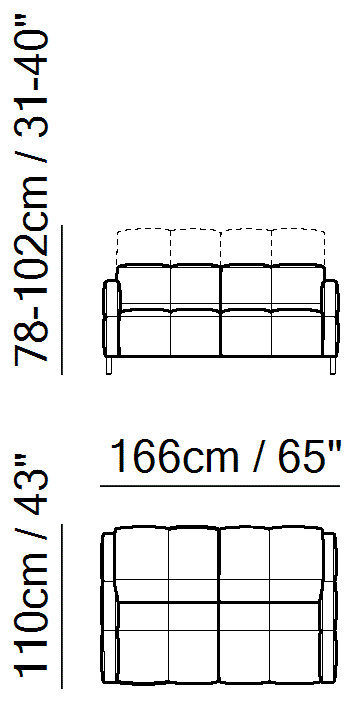 Philo Sectional by Natuzzi Italia: Two-seater sofa, outline drawing with sizes