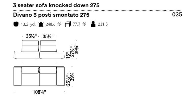 Highlands Sofa by Moroso, size drawing: 3 seater sofa knocked down 275