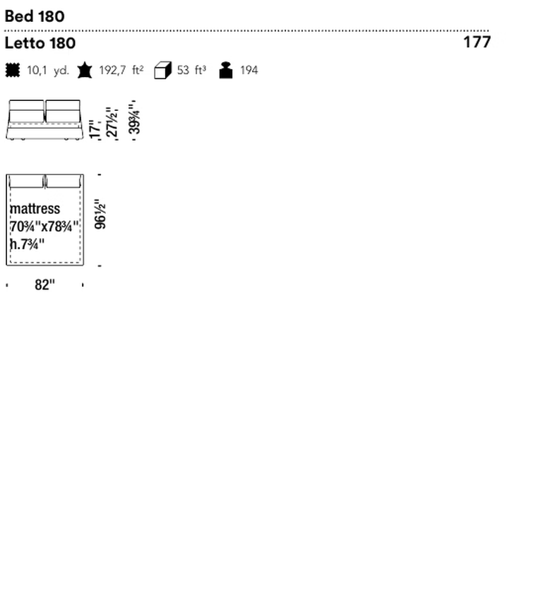 Highlands Bed by Moroso, size drawing: Bed 180