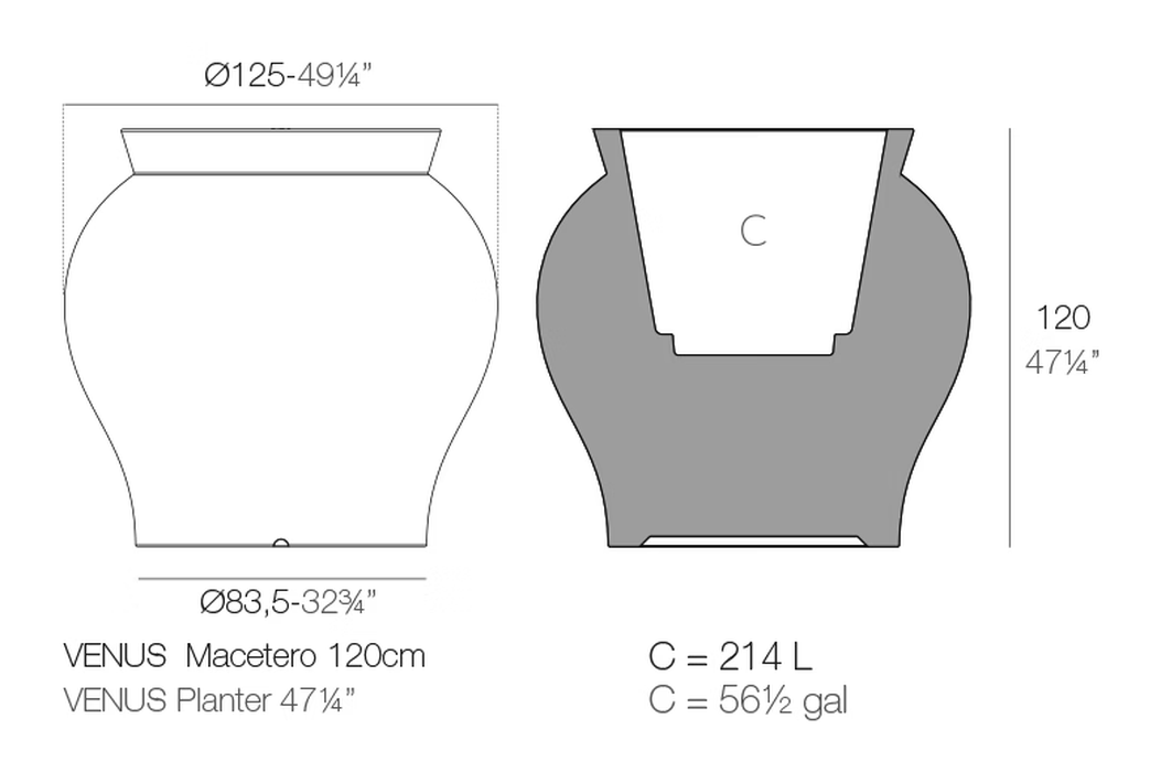 Venus Planter by Vondom, size drawing