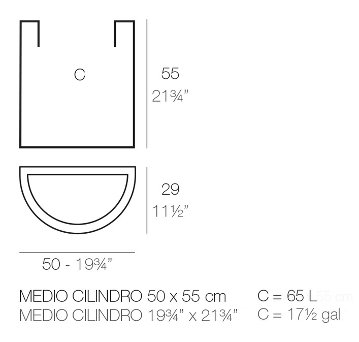 Half Cylinder Pot Planter 50 × 29 × 55 by Vondom, size drawing