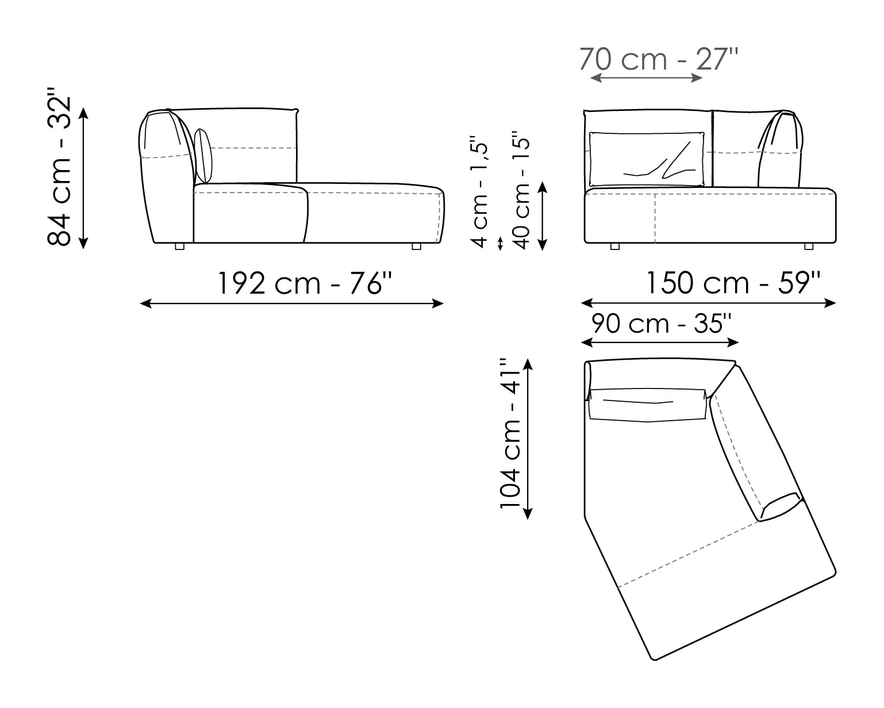 Belloalto Sofa by Bonaldo, size drawing: Angled chaise longue