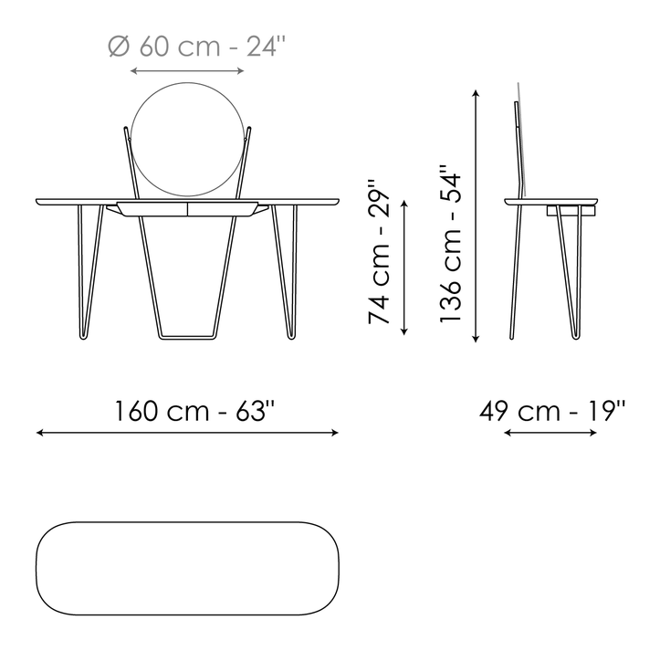 Coseno Vanity Desk by Bonaldo, size drawing: Coseno plus