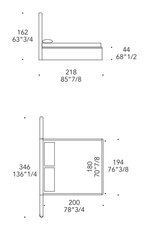 Plissé XL Letto Bed by Reflex, size drawing 2