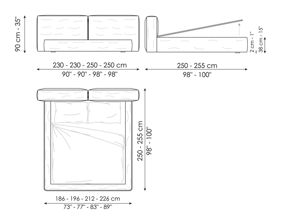 Fluff Double Bed by Bonaldo, size drawing: Fluff open