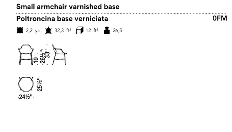 Tia Maria Armchair by Moroso, size drawing: Small armchair varnished base