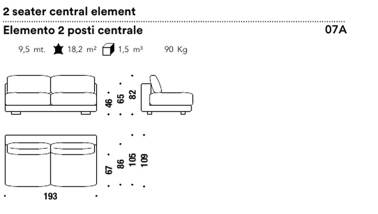 Salon Nanà Sofa by Moroso, size drawing: 2 seater central element