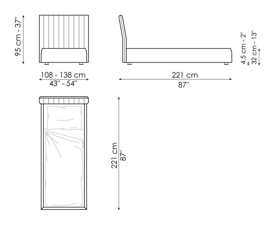 Tonight Single Bed by Bonaldo, size drawing: Tonight charme