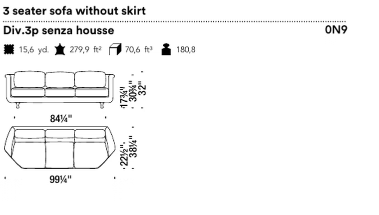 Big Mama Sofa by Moroso, size drawing: 3 seater sofa without skirt