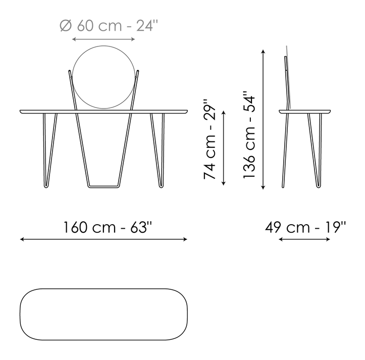 Coseno Vanity Desk by Bonaldo, size drawing: Coseno