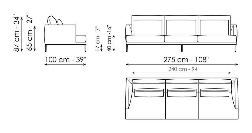 Paraiso Sofa by Bonaldo, size drawing: Sofa 275