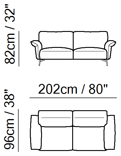 Milano Sectional by Natuzzi Italia: Two-and-a-half-seater sofa, outline drawing with sizes
