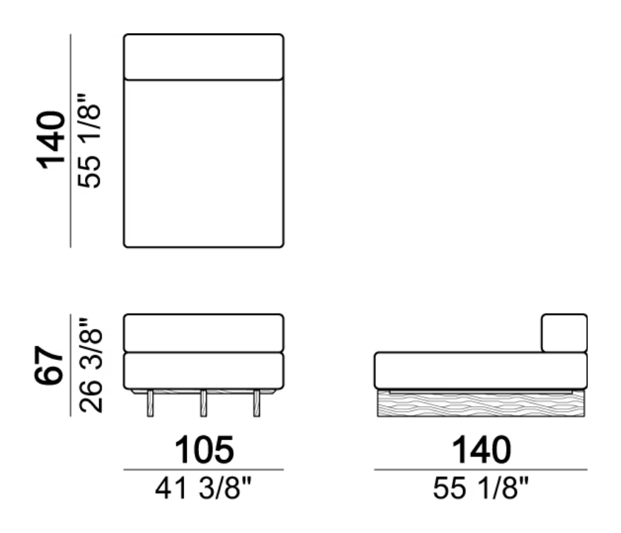 Santos Sofa by Arketipo, size drawing: Seat unit A2R + Back S1