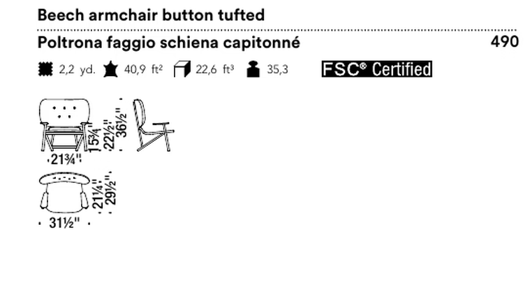 Klara Armchair by Moroso, size drawing: Beech armchair button tufted