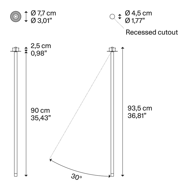 A-Tube Nano Swing Ceiling Lamp by Lodes, size drawing: A-Tube Nano Swing large