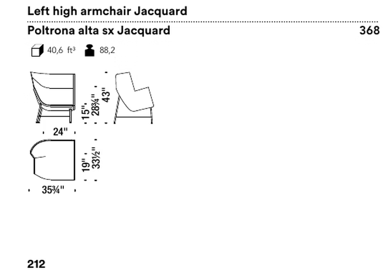 Paper Planes Armchair by Moroso, size drawing: Left high armchair Jacquard