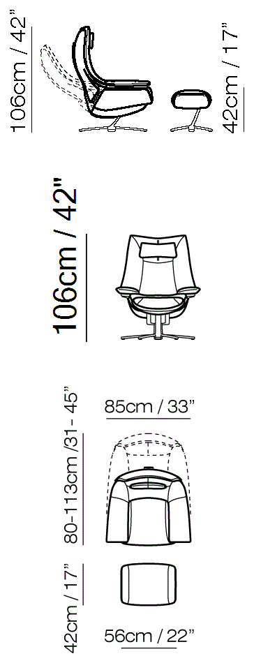 Re-Vive Casual Recliner by Natuzzi Italia: Re-Vive armchair with footrest and headrest, outline drawing with sizes