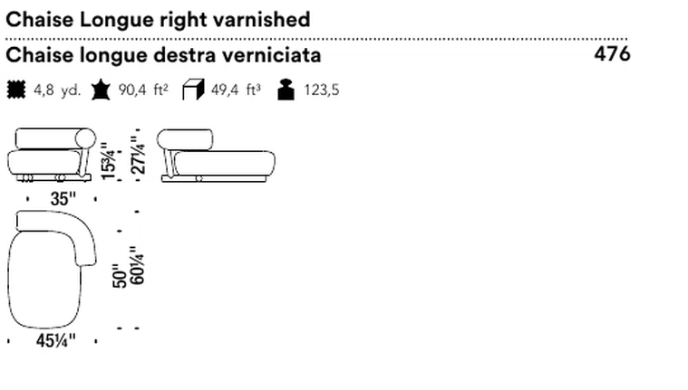 Pipe Chaise Lounge by Moroso, size drawing: Chaise Longue right varnished
