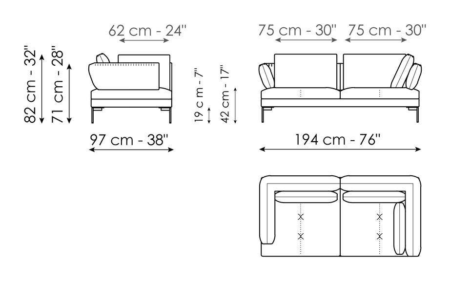 Aliante Sofa by Bonaldo, size drawing: Corner sofa 194