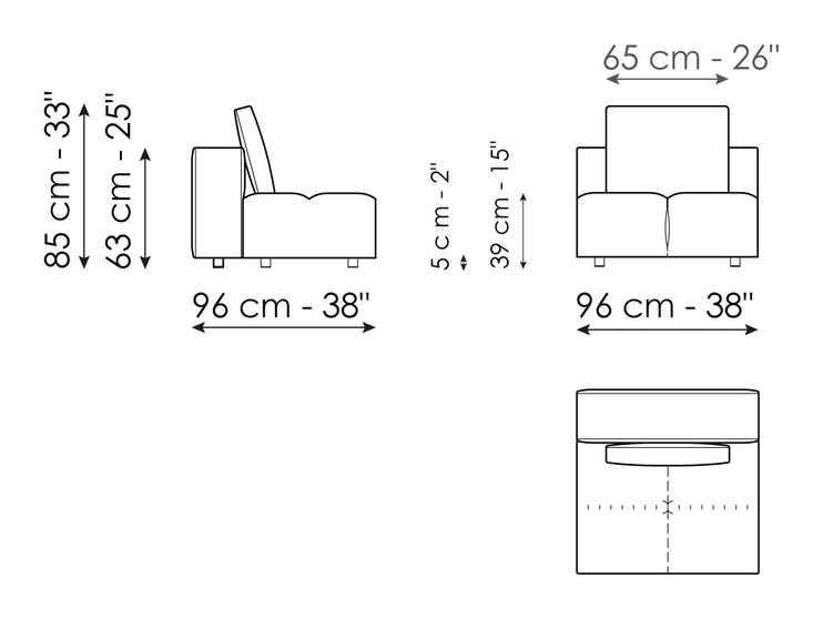 Bonamour Sofa by Bonaldo, size drawing: Center section 96 x 96