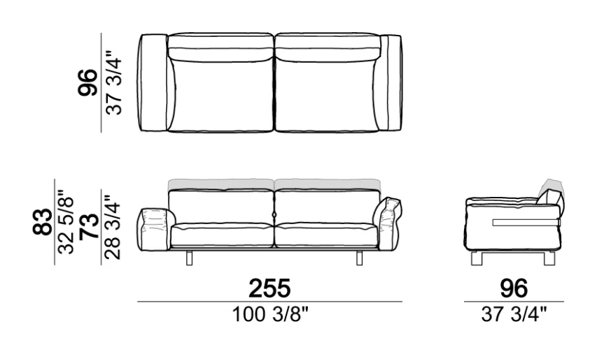 Close To Me Sofa by Arketipo, size drawing: Sofa COMBO, 2 seats 100 cm